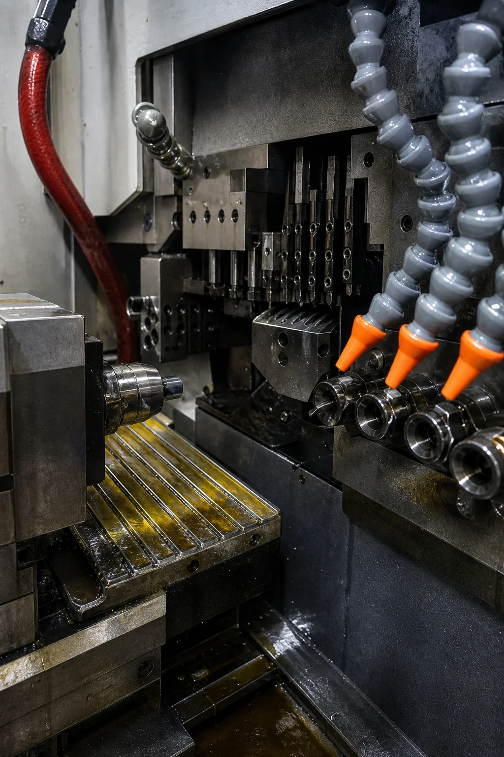 Swiss CNC lathe with coolant nozzles in precision operation
