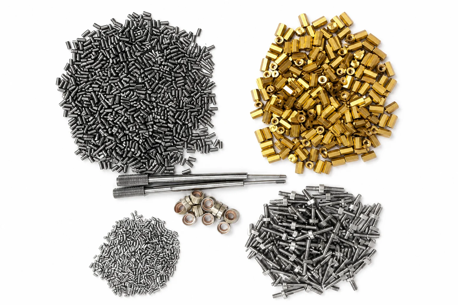 Collection of precision-machined pins, rings, and fittings on a white background