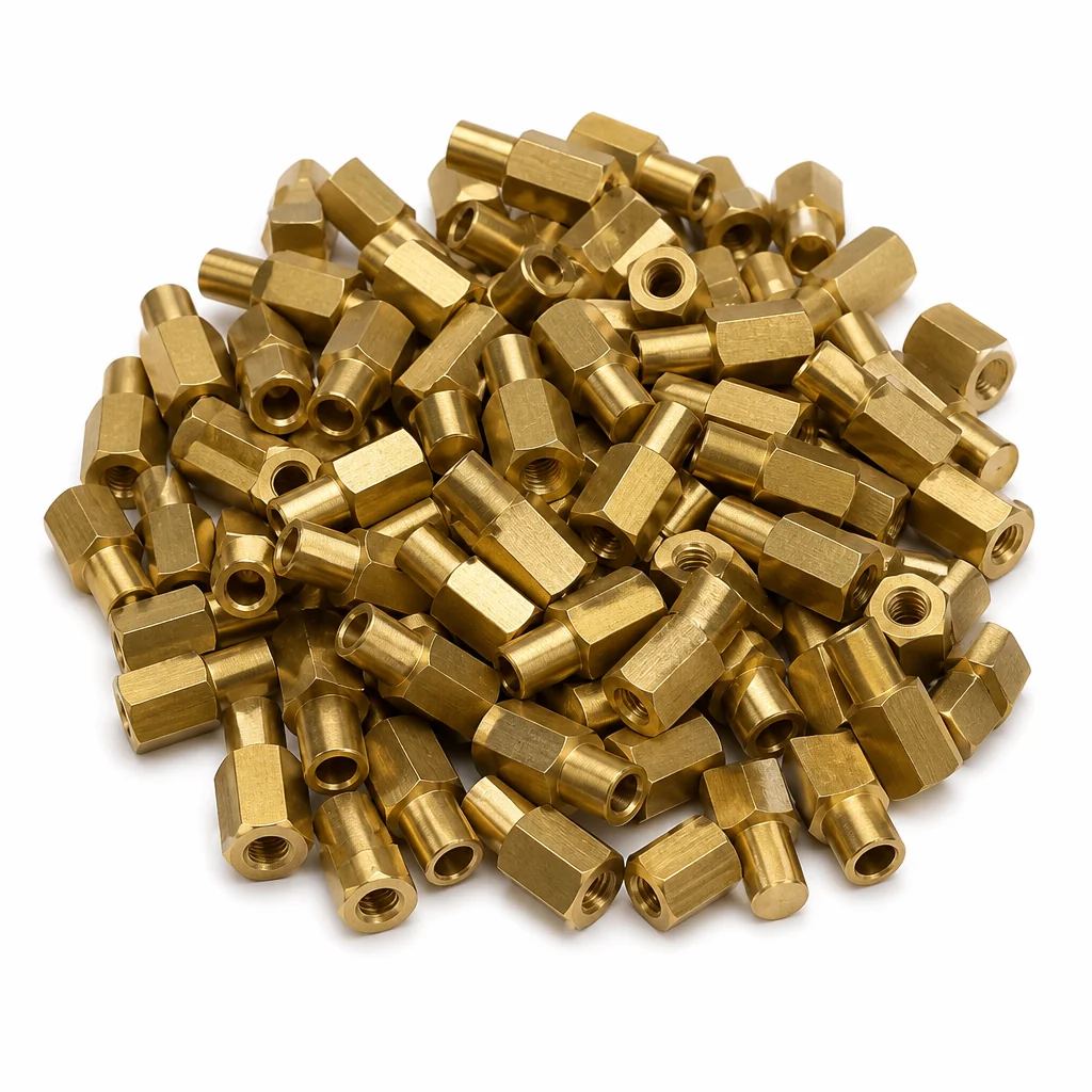 Gold brass hexagonal and cylindrical machined parts